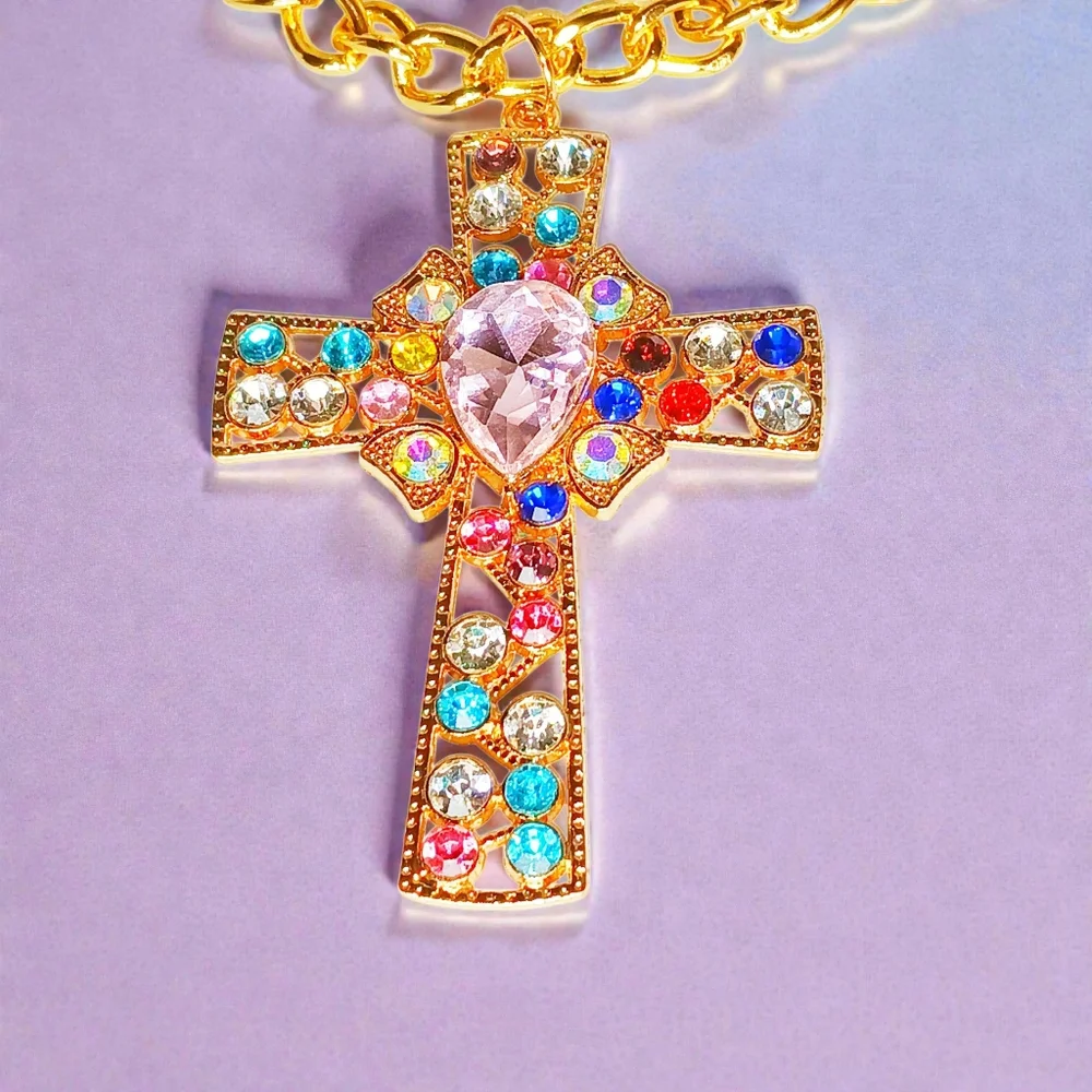 Chunky Jewel Tone Echanted Choker Necklace Cross Charm Modern Retro Glam Bling